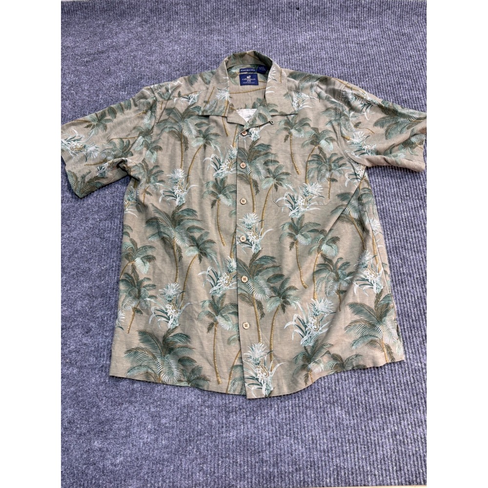 Caribbean Joe Mens XL Washable Silk Palm Tree Pineapple Tropical Camp Shirt Tan